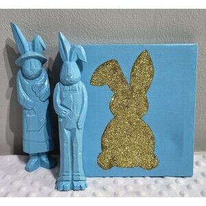 Vintage Wooden Bunny Easter Set Handcrafted Glitter Canvas Picture Lot Aqua Gold